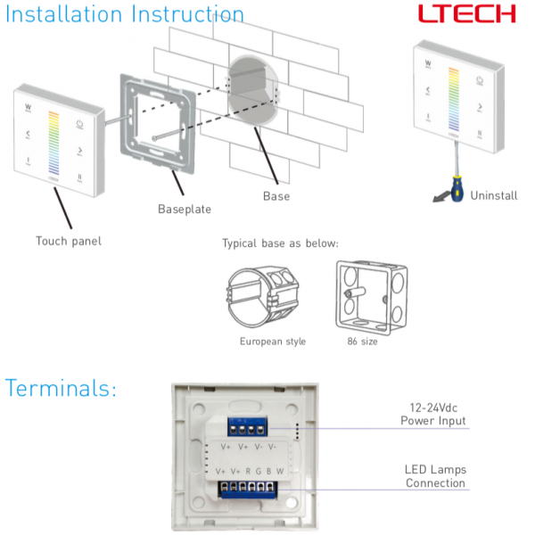 RF2.4GHz RGBW Touch Panel, PWM Power O/P, RGBW Dim, 12/24Vdc, 288W 12A, Single/Multi Zone Support. E4S  LTECH Touch Panel